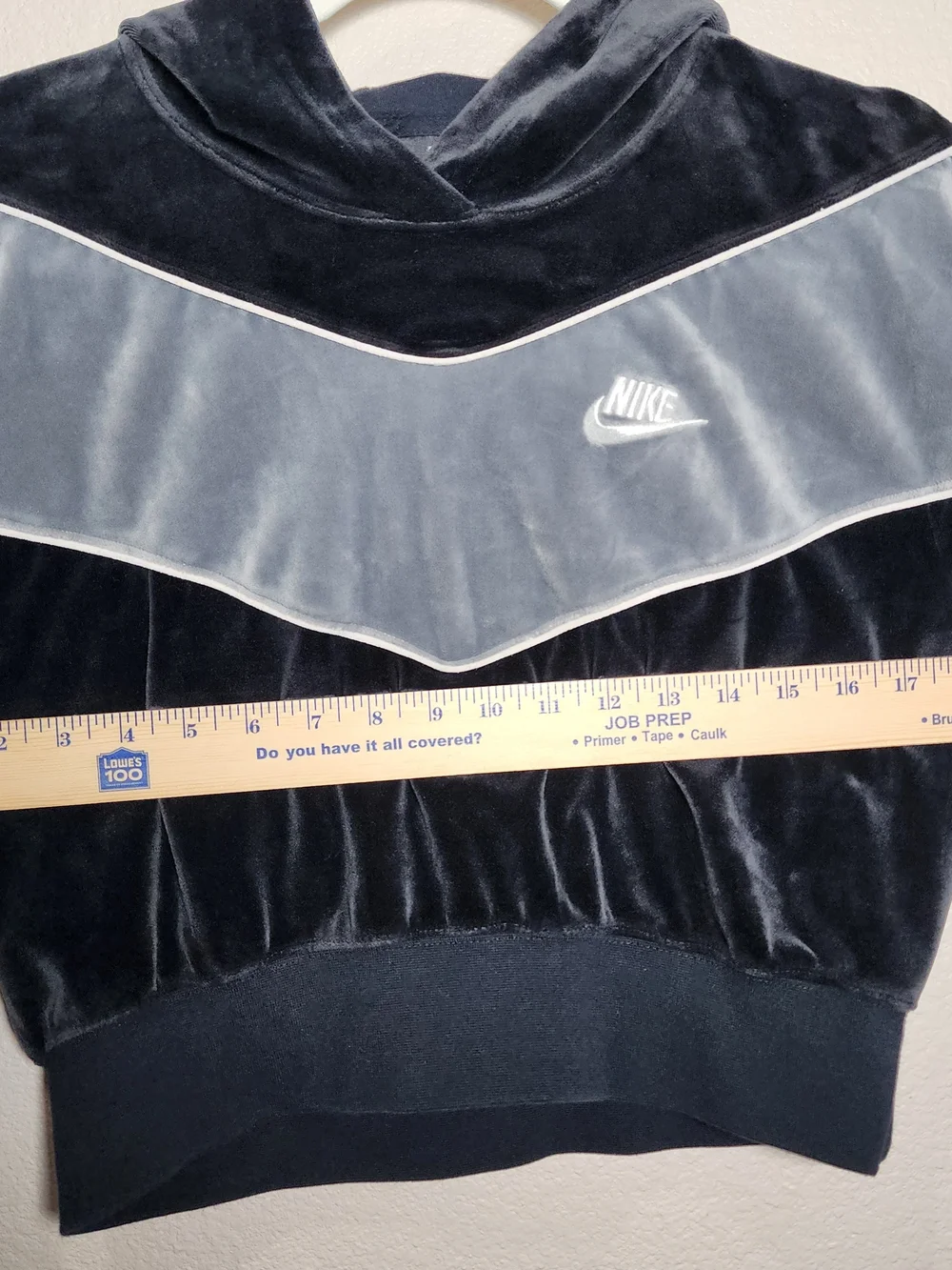 Nike Women's Black and Gray Velour Crop Hoodie Sweater